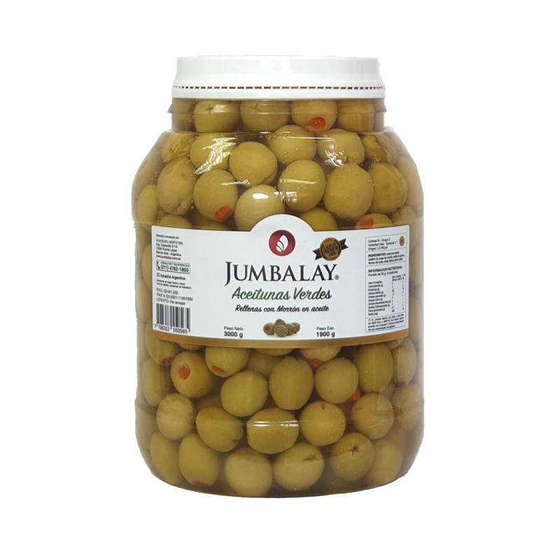 Aceitunas Verdes Rellenas Con Morrón N° 0 - En Aceite - Bidón 3 Kg (1,8 Kg Esc)