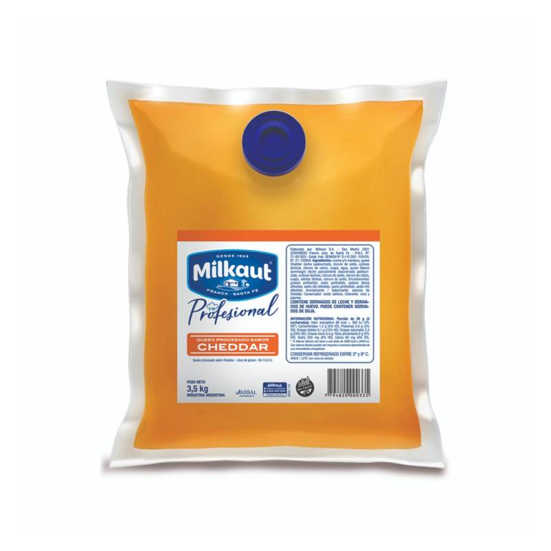 Queso Cheddar Pouch X 3,5 Kg - Milkaut - Precio X Unidad